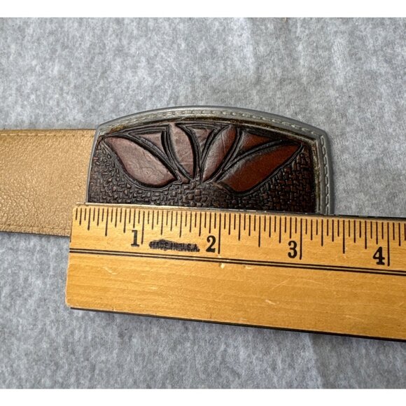 Size 38 1973 Handcrafted Brown Floral Leather Belt Intricate Buckle by Gonys main image 3